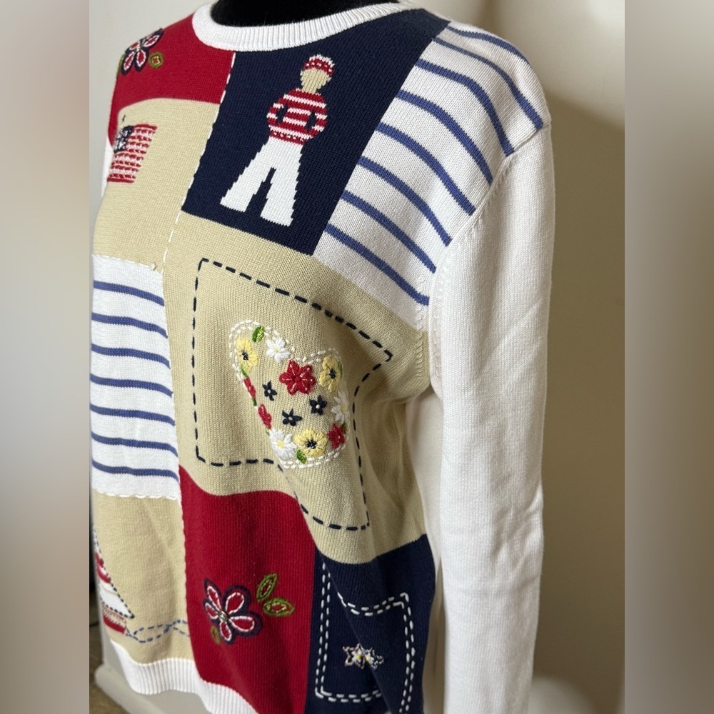 Alfred Dunner preppy Americana patriotic sweater nautical 100% cotton size Med - Picture 5 of 9